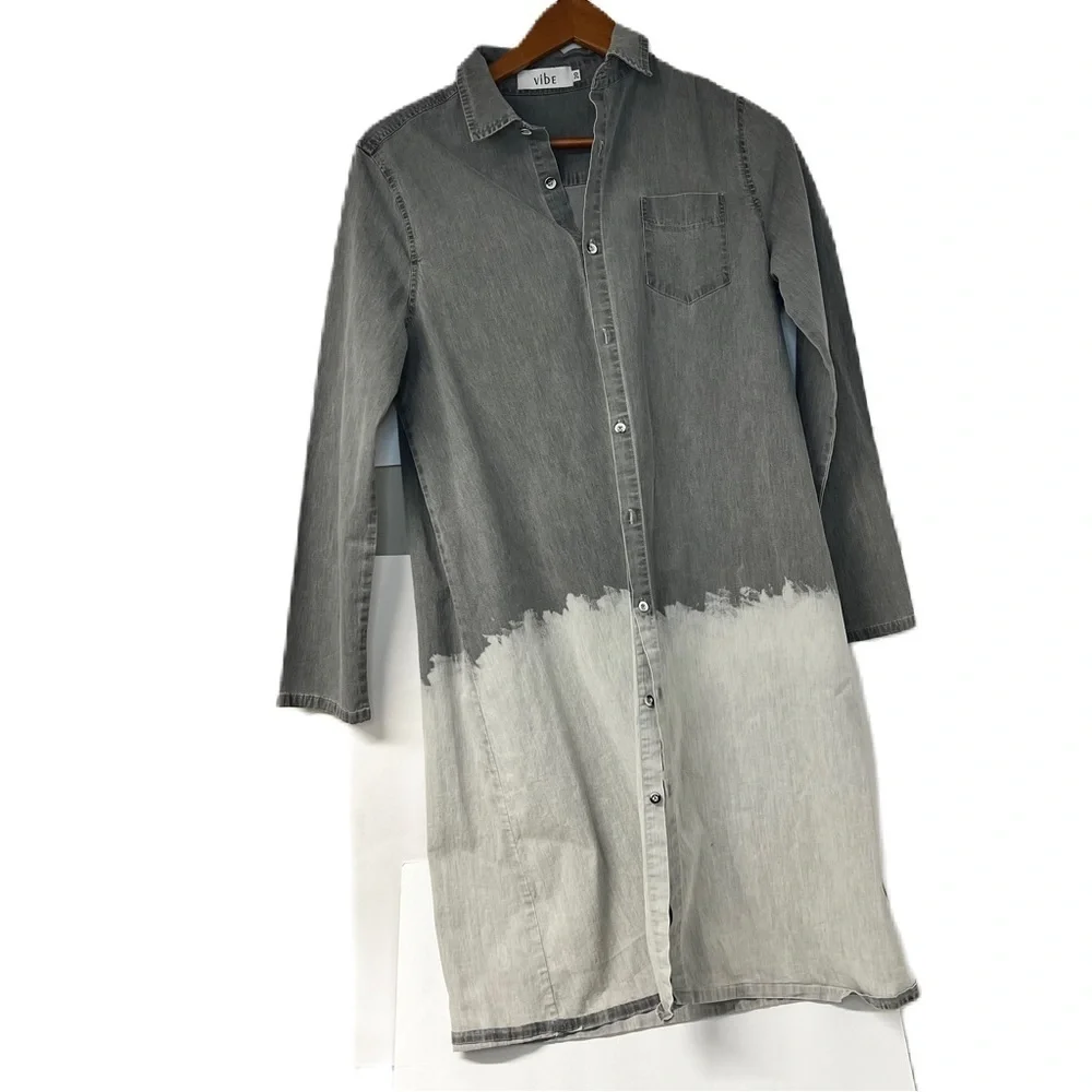 Vibe girls sz 20 black gray ombre denim button down shirt dress tunic lagenlook